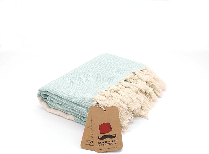 Bazaar Anatolia Turkish Beach Towel – 100% Cotton, Quick Dry, Sand Free Towel for Bathroom, Camping, Travel, Teal – Oversized 71x39 Inches – Diamond Mint