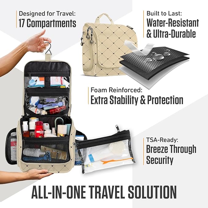 VENTURE 4TH Hanging Travel Toiletry Bag for Women & Men - Travel Organizer with Expandable Compartments & Removable Clear Pouch for Toiletries (Beige Diamonds)