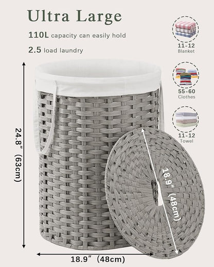 Laundry Basket with Lid Round Rattan Laundry Hamper with Lid and Handles 29.1 Gal (110 L) Handwoven Woven Basket with Removable Bags and 2 Mesh Bags for Bathroom Living Room Gray