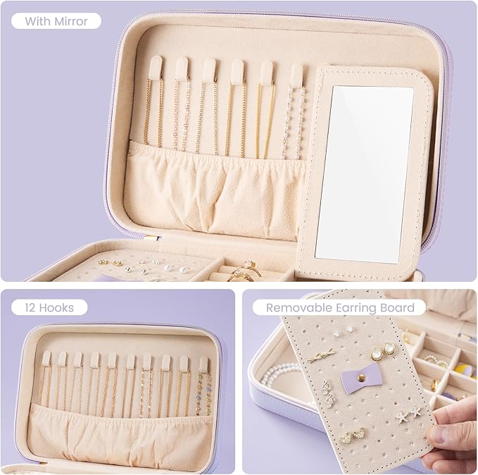 Lolalet Travel Jewelry Case for Women Girls, Travel Jewelry Organizer Box with Mirror & Clear Storage Bag, Small Portable Earring Necklace Bracelet Ring Case, Birthday Christmas Gifts -Medium, Purple