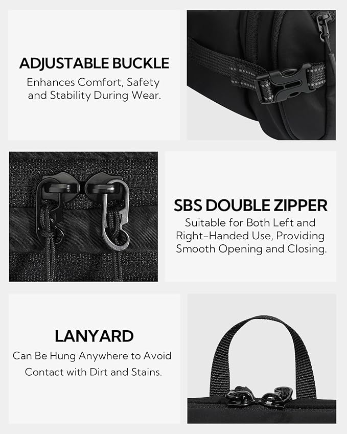 WATERFLY 3L Large Fanny Pack, 180° Opening Hip Pouch with Multi-Pockets, Anti-Theft RFID Blocking Waist Bag for Women Men Traveling Hiking Daily Use-Black