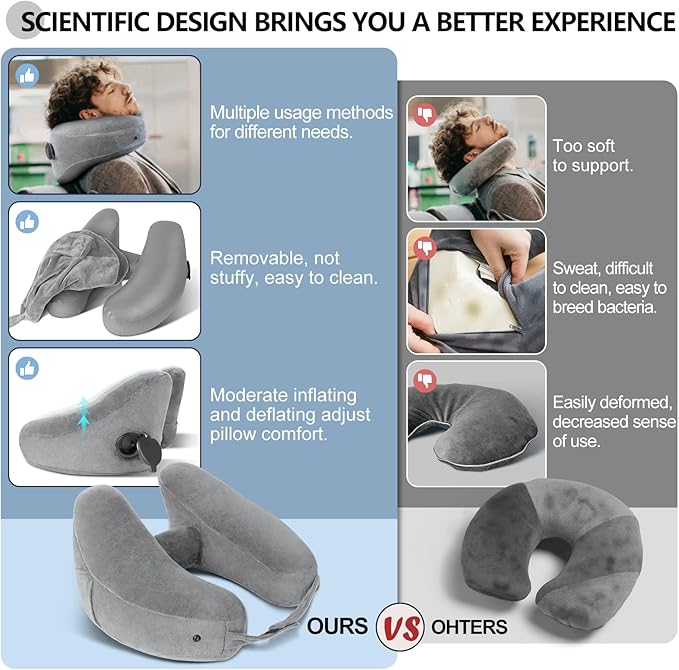 Sunany Neck Pillow for Travel Inflatable Airplane Pillow Comfortably Supports Head, Neck and Chin, Inflatable Travel Pillow with Soft Velour Cover and Portable Drawstring Bag (Grey)