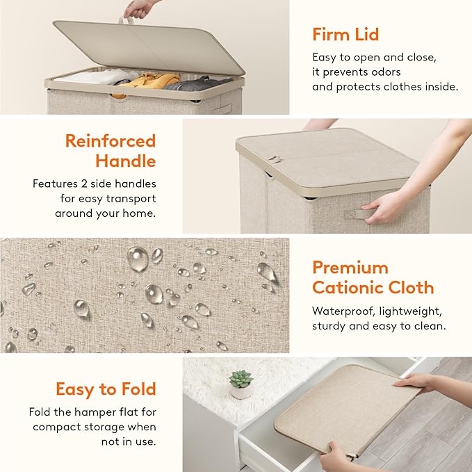 Lifewit 165L Laundry Basket with Lid, Large Laundry Hamper with Plastic Handles and Removable Bag, Foldable Tall Dirty Clothes Hampers for Laundry for Laundry Room, Bedroom, Bathroom, Dorm, Beige