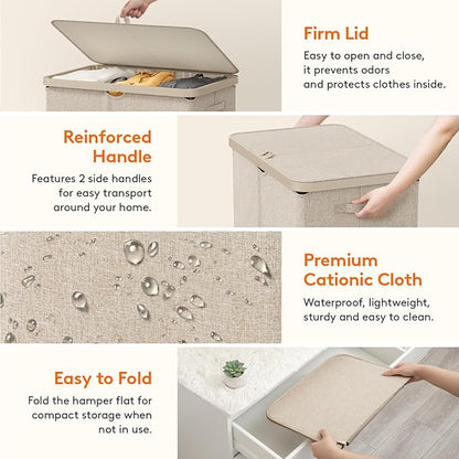 Lifewit 165L Laundry Basket with Lid, Large Laundry Hamper with Plastic Handles and Removable Bag, Foldable Tall Dirty Clothes Hampers for Laundry for Laundry Room, Bedroom, Bathroom, Dorm, Beige