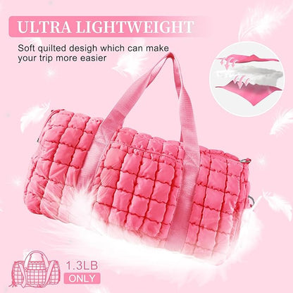 Quilted Travel Duffle Bag Gym Bag for Women,Large Puffer Duffle Weekender Bag with Compartment,Workout Overnight Carry on Organizer Bag Duffle Bag for Airplane Travel(Pink)