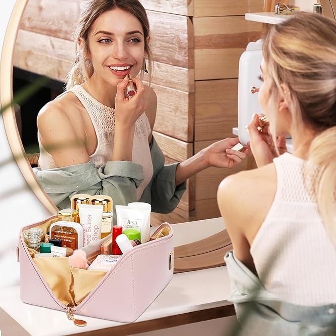 Birthday Gifts for Women Teen Girl, Personalized Initial Makeup Organizer Bag Set, Open Flat Travel Cosmetic Bag With Clear Divider and Handle(Pink,O)