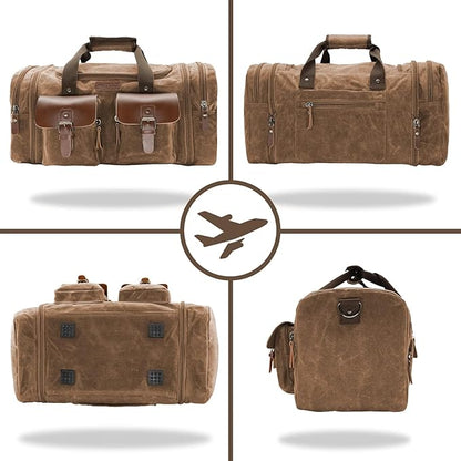 Wildroad Waxed Canvas Duffle Bag - 60L Waterproof Genuine Leather Weekender Overnight Travel Hand Bag