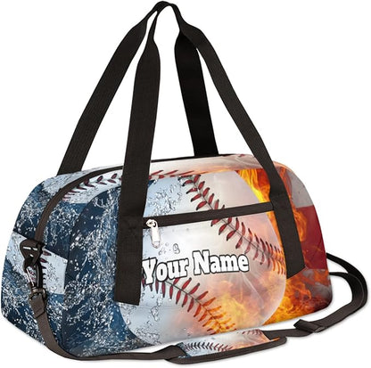 Custom Your Name American Flag Fire Baseball Personalized Text Gym Duffle Bag for Kids,Sports Bag for Teens Boys & Girls Small Waterproof Overnight Weekender Carry School Practice Travel Bag