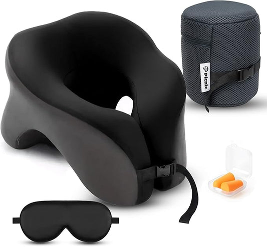 Picnic Neck Pillow for Traveling | 100% Pure Memory Foam Travel Pillow for Airplanes, Car & Office | Ergonomic Support with Adjustable Clasp, Eye Mask & Compact Travel Bag | Perfect for Relaxation