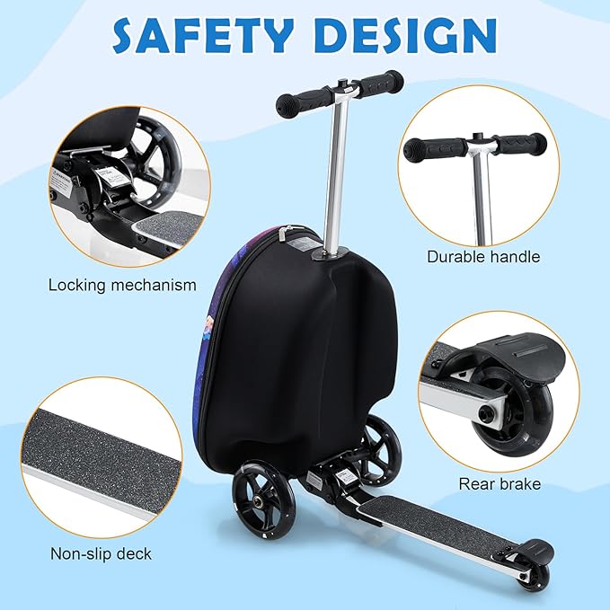 Yacul Kids Suitcase Scooter, 2-in-1 Foldable Luggage with LED Light Wheels, Lightweight Carry-On Travel Suitcase for Boys and Girls(Blue)