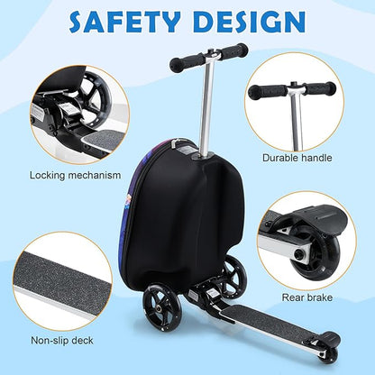 Yacul Kids Suitcase Scooter, 2-in-1 Foldable Luggage with LED Light Wheels, Lightweight Carry-On Travel Suitcase for Boys and Girls(Blue)