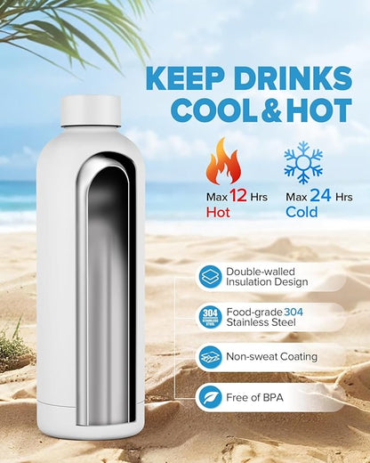 Insulated Water Bottle with Lid, 25 oz Reusable Leak-Proof Metal Stainless Steel Water Bottles for Travel, Sports, Gym, Outdoor (White)