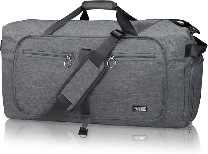 Fmeida 65L Duffle Bag with Shoes Compartment, Foldable Travel Duffel Bags for Men Women, Large Packable Travel Bag Water Repellent & Tear Resistant (Gray)