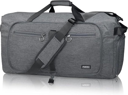 Fmeida 65L Duffle Bag with Shoes Compartment, Foldable Travel Duffel Bags for Men Women, Large Packable Travel Bag Water Repellent & Tear Resistant (Gray)