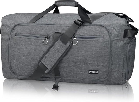 Fmeida 65L Duffle Bag with Shoes Compartment, Foldable Travel Duffel Bags for Men Women, Large Packable Travel Bag Water Repellent & Tear Resistant (Gray)