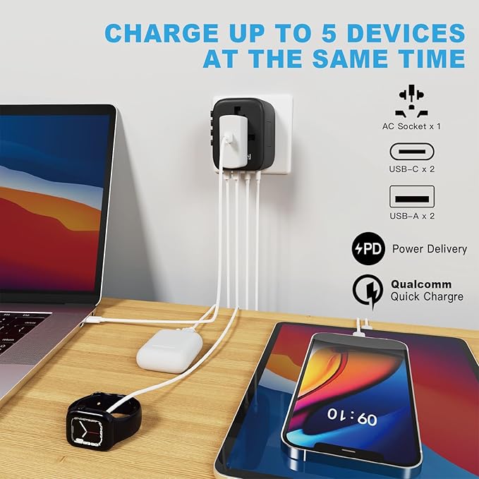 Universal Travel Adapter, PD20W International Power Adapter, 2 USB-C & 2 USB-A Fast Charging Travel Charger, All in One Worldwide Travel Plug Adapter, Outlet Adapter for Europe EU UK USA AU