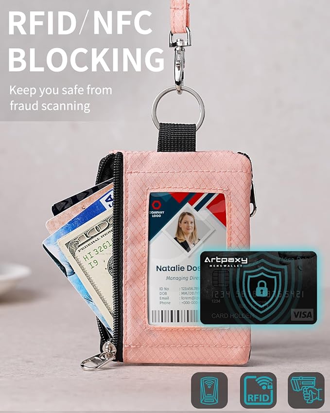 Minimalist Wallet For Mens Womens, Keychain RFID Blocking Zipper Small Wallet with ID Window 2 Lanyards,Water Resistant Travel Cash Card Coin Case Boys Girls