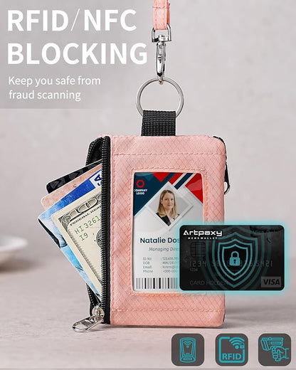 Minimalist Wallet For Mens Womens, Keychain RFID Blocking Zipper Small Wallet with ID Window 2 Lanyards,Water Resistant Travel Cash Card Coin Case Boys Girls