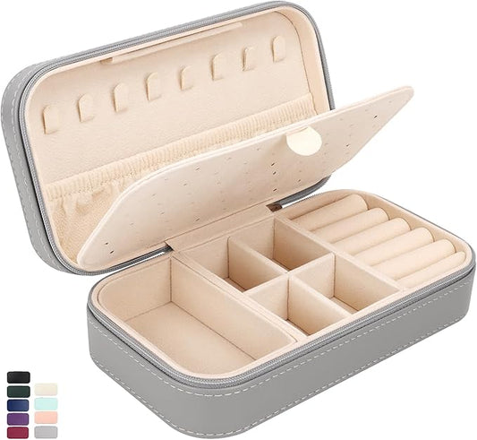 DesignSter Travel Jewelry Box, PU Leather Portable Jewelry Case, Small Jewelry Boxes for Gifts, Travel Jewelry Organizer for Women Rings Earrings Necklaces Bracelets (Gray)