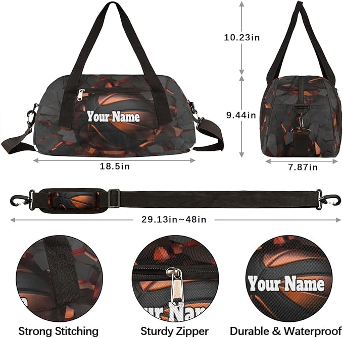 Custom Your Name Sports Ball Basketball Crash Personalized Text Gym Duffle Bag for Kids,Sports Bag for Teens Boys & Girls Small Waterproof Overnight Weekender Carry Practice Travel Bag