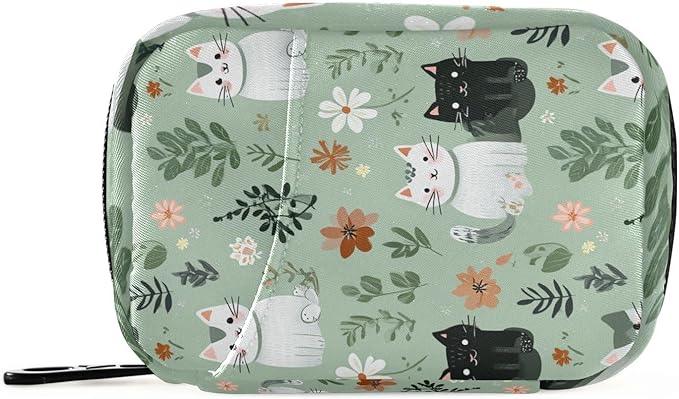 Pill Organizer Box Case Weekly Travel Pill Container Holder 7Day Cute Vitamin Organizer Dispenser Sorter Planner Storage Small Compact Mint Green Floral and Cute Cats07