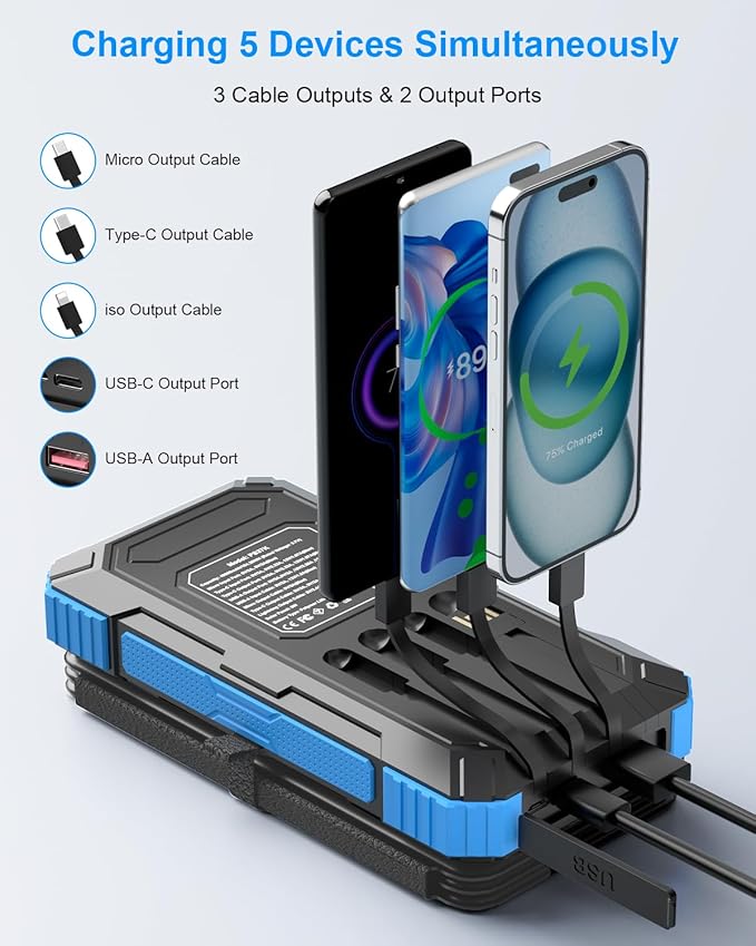 Solar Charger Power Bank 49800mAh with 4 Built-in Cables & 3 Foldable Panels, PD22.5W Fast Portable Phone Charger, External Battery Pack with USB-C in/Output & Flashlight for Outdoor Camping