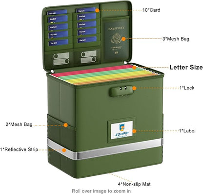 Fireproof File Box with Lock, Document Box Storage Organizer, Suitable for Hanging File Folders in Letter Size, Collapsible File Box, Reflective Strip for Fast Find (12.2"*6"*10.2, Green)
