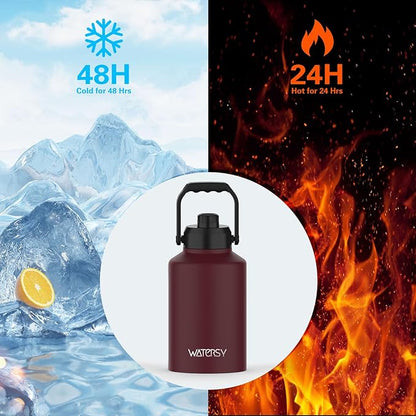 WATERSY Half Gallon Water Bottle Insulated(Cold for 48 Hrs),BPA Free&Leak Proof,64oz Stainless Steel Water Jug/Flask,Big thermo,Large Water Bottle with Handle for Gym,Hiking,Camping,Brick Red