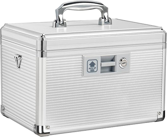 Medicine Lock Box with Key, Alluminum Alloy Box for Medication,First Aid Box with a Removeable Tray to Store Medicines & Pills for Home, Silver 12 * 7.68 * 7.87 Inch