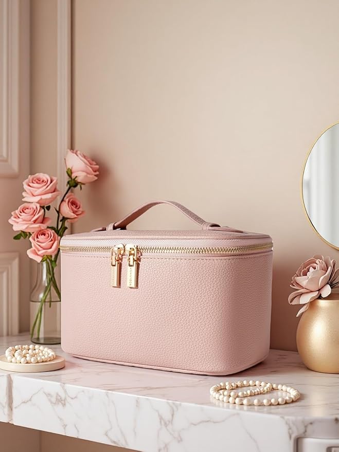 Cosmetic Bag,ROWNYEON Makeup Bag,Portable Makeup Train Case,Travel Toiletry Bag Case Organizer for Women,Pink