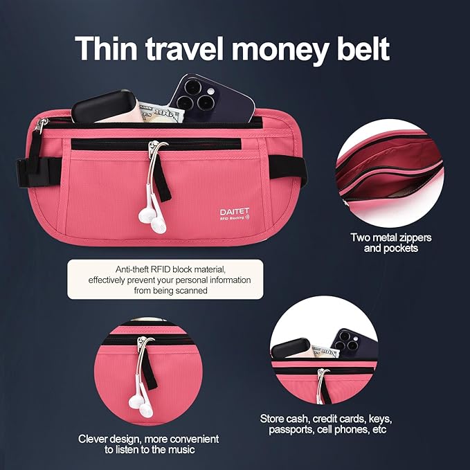 RFID Blocking Money Belt for Men Women, Slim Fanny Pack for Travel，Running,Conceal Waist Wallet for Passport Holder,Phone,Cash(Hot Pink)