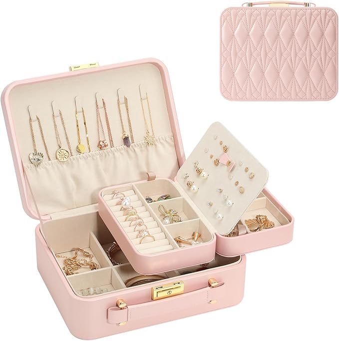 Large Jewelry Travel Case, Jewelry Case for Necklaces Large Jewelry Case Jewelry Box for Women Girls. (Pink)