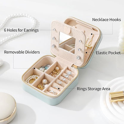 Genuine Leather Travel Jewelry Organizer Case with Mirror for Women, Small Mini Portable Jewelry Box for Earring, Ring, Necklace, Bracelet（Pink）