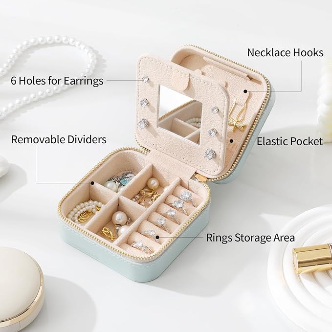 Genuine Leather Travel Jewelry Case Organizer with Mirror for Women, Small Jewelry Box Portable Mini Jewelry Case for Earring, Ring, Necklace, Bracelet（Caviar Grain Light Yellow）