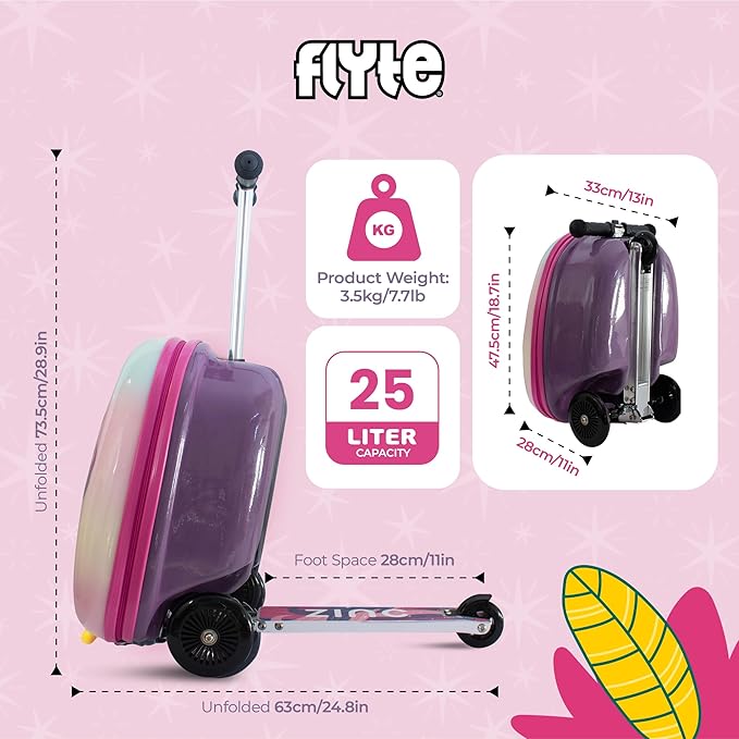 FLYTE Scooter Suitcase Folding Kids Luggage – Luna the Unicorn, 18 Inch Hardshell, Ride On with Wheels, 2-in-1, 25 Litre Capacity