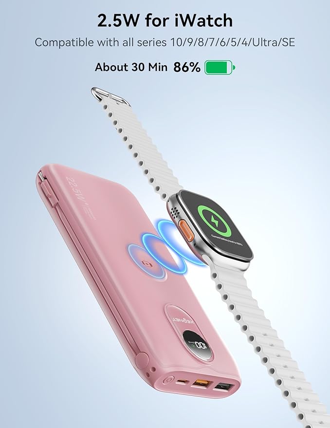 Portable Charger, 10000mAh 22.5W Fast Charging Power Bank with Built in Cable & Wall Plug, Travel Essential Battery Pack with LED Display, External Charger for iPhone, iWatch 11/10/9/8/Ultra/SE Pink