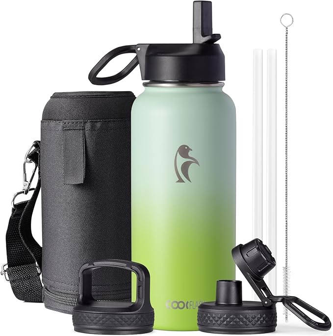 Water Bottle 32 oz Insulated with Straw, Coolflask Stainless Steel Metal 3 Lids Water Flask Wide Mouth for Sports or Office, Non-BPA Keep Cold Up to 48 Hrs or Hot Up to 24 Hrs, Ombre Green
