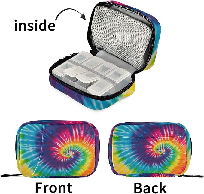 Fustylead Abstract Swirl Design Tie Dye Pill Organizer and Storage Weekly with Zipper, Removable Pill Box Portable Medicine Organizer for Vitamin Fish Oil Supplement
