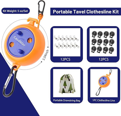 Portable Travel Clothesline Cord, Caudblor Adjustable 33ft Camping Clothes line, Laundry Drying Rope for Hotel Trip, Cruise, Outdoor/Indoor, with 12Pcs Stoppers, Windproof Clothespins
