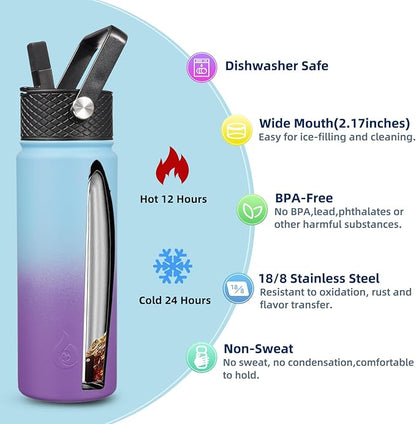 BJPKPK Insulated Water Bottles with Straw Lid, 22oz Cold & Hot Thermo, Stainless Steel Metal Water Bottle with 3 Lids, Reusable Thermo, Cups, Mugs for Daily Use-Ocean Dream