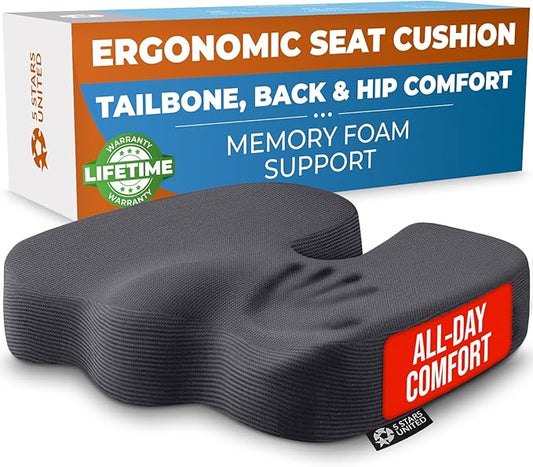 5 STARS UNITED Seat Cushion for Tailbone Pain Relief – Memory Foam Cushion for Coccyx, Hip, Hemorrhoid, Sciatica & Post-Surgery Recovery – Wheelchair, Car, Desk, Gaming & Office Chairs, D Gray