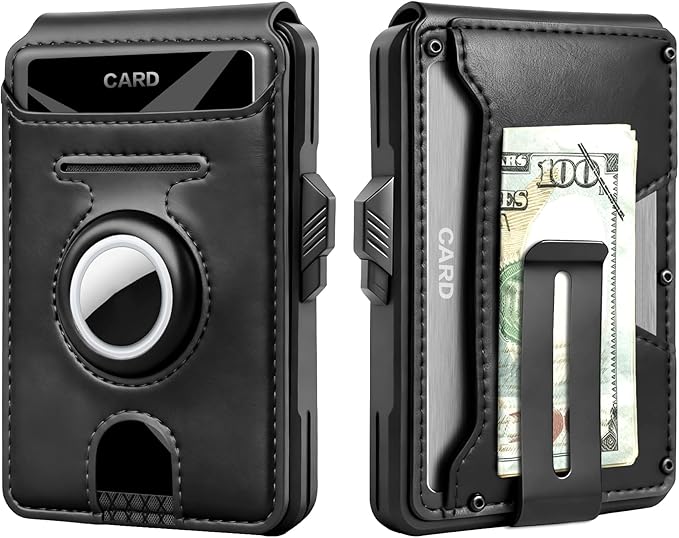 Mens Wallet with AirTag Holder, RFID Blocking Wallet for Men, [Brushed Aluminum] Slim Pop Up Card Holder, Front Pocket Bifold Wallet Including ID Window Money Clip, Holds 9-11 Cards, Gift for Men