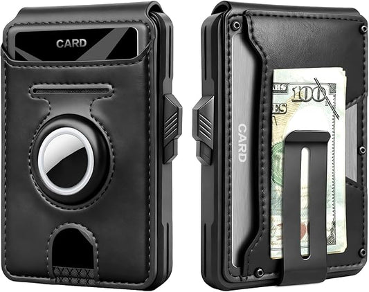 Mens Wallet with AirTag Holder, RFID Blocking Wallet for Men, [Brushed Aluminum] Slim Pop Up Card Holder, Front Pocket Bifold Wallet Including ID Window Money Clip, Holds 9-11 Cards, Gift for Men