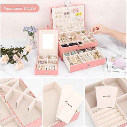 DesignSter Jewelry Organizer Box, 2 Layers Large Jewelry Box with Travel Jewelry Case, Leather Jewelry Storage Case for Rings Earrings Bracelets Necklaces (Pink)