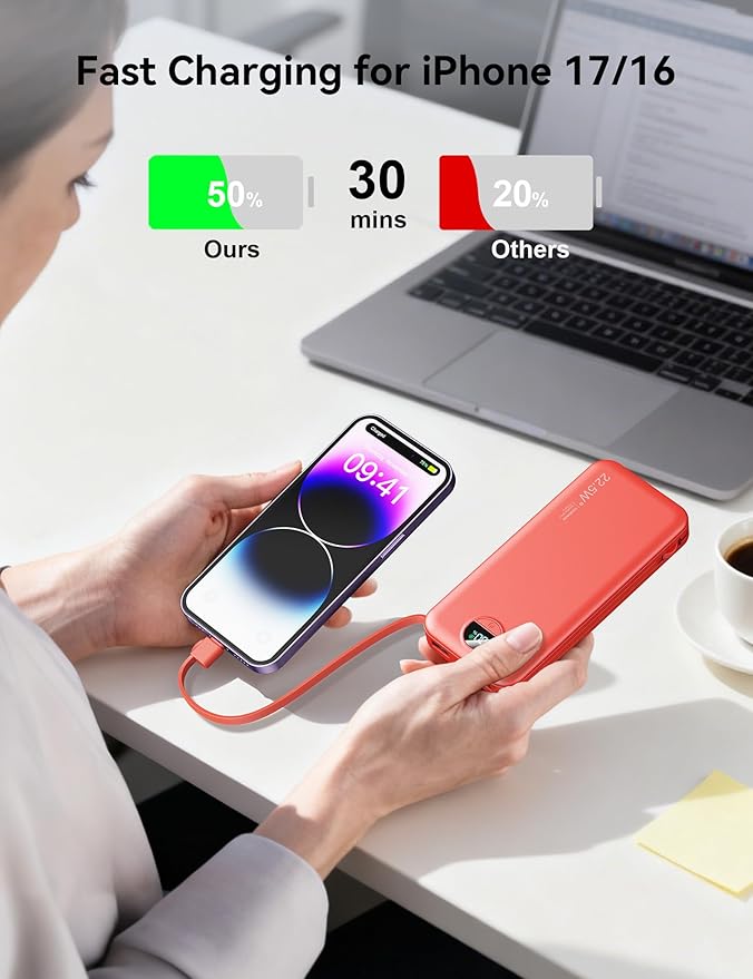 12000mAh Ultra-Portable-Charger-Power-Bank with Built in Cables&AC Wall Plug,PD20W USB-C Fast Charging Cell Phone Charger Battery Pack,LED Display Travel Battery Bank for All iPhone,Samsung,Android