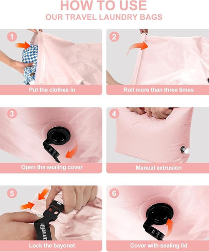 Travel Laundry Bag, Pump Free Vacuum Storage Bag Reusable Compression Dirty Clothes Travel Bag Waterproof Wet Dry Bags Large Capacity Space Saver Bags Camp Clothes Organizer (1 Pcs)(Pink, M)