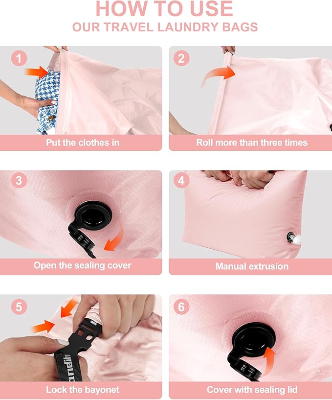 Travel Laundry Bag, Pump Free Vacuum Storage Bag Reusable Compression Dirty Clothes Travel Bag Waterproof Wet Dry Bags Large Capacity Space Saver Bags Camp Clothes Organizer (1 Pcs)(Pink, L)