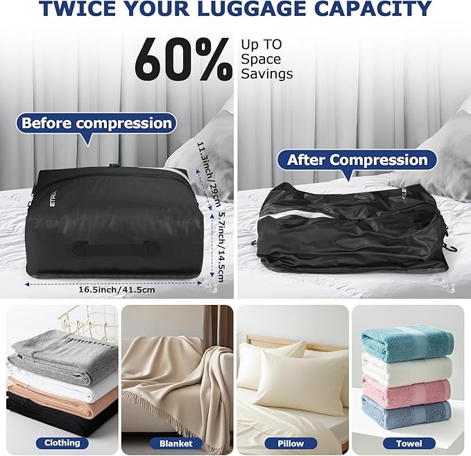 TPU Vacuum Bag for Travel, 70D Nylon Reusable Compression Bag with IP67 Waterproof Zipper, Compression Packing Cubes for Clothing, Space Saver Bags for Luggage and Backpack(Gray-1 PCS)