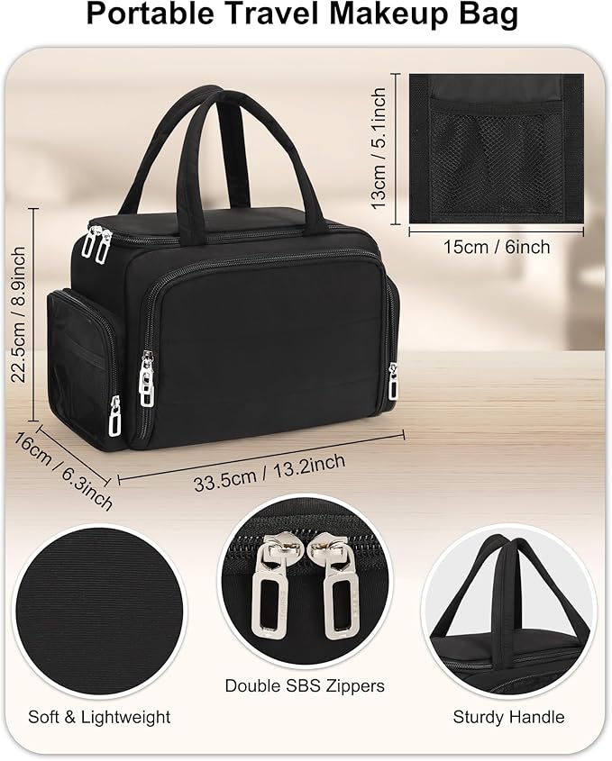 Travel Makeup Bag, Lightweight Wide-open Toiletry Bag for Women, Portable Cosmetic Bag Organizer with Handle for Accessories, Brushes Set, Travel-Sized Container for Trip, Camping - Black