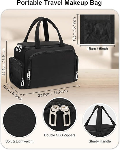 Travel Makeup Bag, Lightweight Wide-open Toiletry Bag for Women, Portable Cosmetic Bag Organizer with Handle for Accessories, Brushes Set, Travel-Sized Container for Trip, Camping - Black